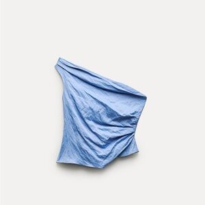 Zara blue wrinkled ruched asymmetrical one shoulder top